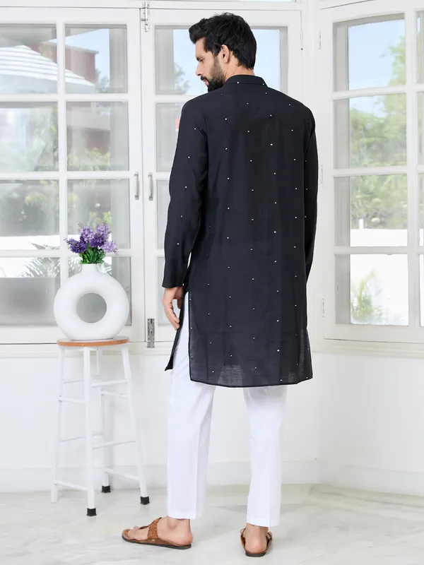 Black_Sequins_Embroidered_Chanderi_Straight_Kurta_With_Yoke_Design_Paired_With_Pyjama
