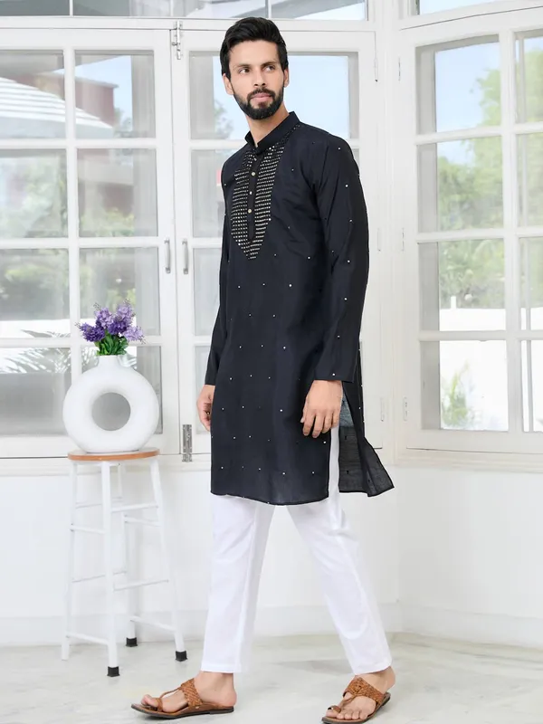 Black_Sequins_Embroidered_Chanderi_Straight_Kurta_with_Yoke_Design_Paired_with_Pyjama