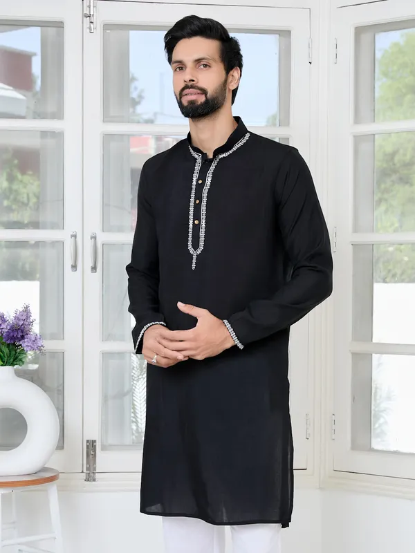 Black_Chanderi_Straight_Kurta_With_Pyjama_With_Yoke_Design