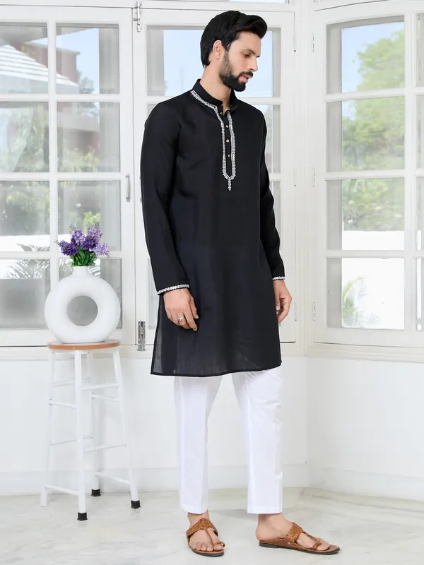 Black_Chanderi_Straight_Kurta_With_Pyjama_With_Yoke_Design