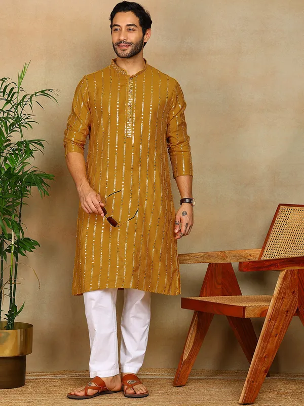 Mustard_Sequins_Embroidered_Viscose_Straight_Kurta_With_Pyjama