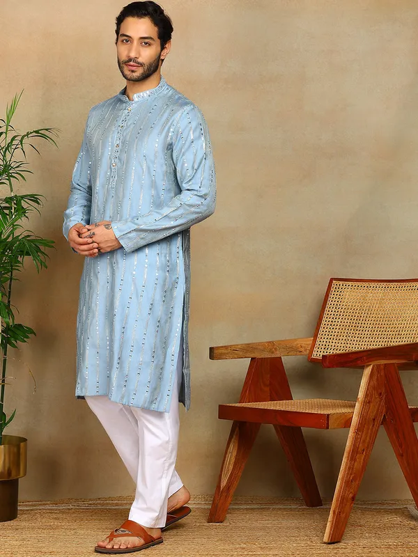 Light_Blue_Sequins_Embroidered_Viscose_Straight_Kurta_With_Pyjama
