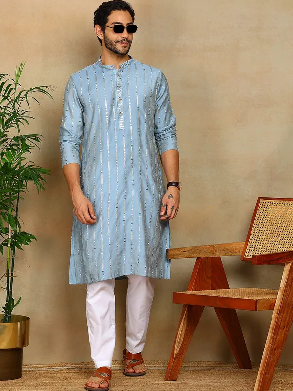 Light_Blue_Sequins_Embroidered_Viscose_Straight_Kurta_With_Pyjama