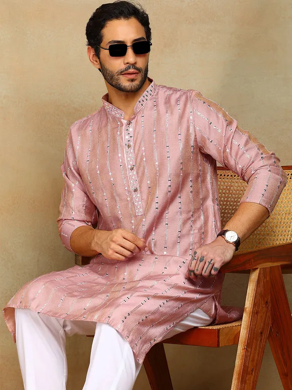Peach_Sequins_Embroidered_Viscose_Straight_Kurta_With_Pyjama