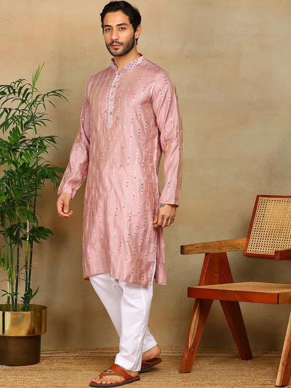 Peach_Sequins_Embroidered_Viscose_Straight_Kurta_With_Pyjama