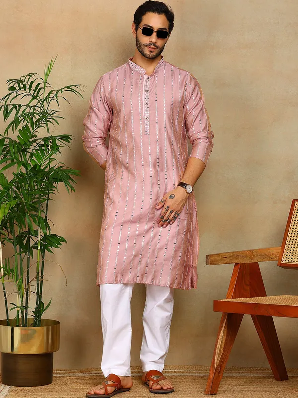 Peach_Sequins_Embroidered_Viscose_Straight_Kurta_With_Pyjama