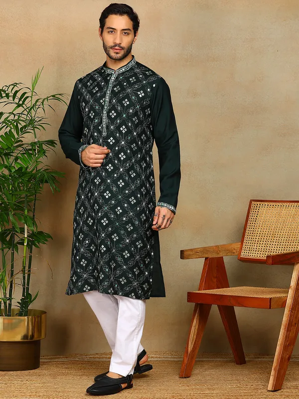 Forest_Green_Sequins_Embroidered_Viscose_Straight_Kurta_With_Pyjama