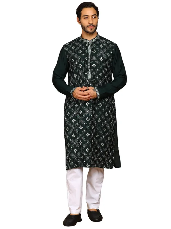 Forest_Green_Sequins_Embroidered_Viscose_Straight_Kurta_With_Pyjama