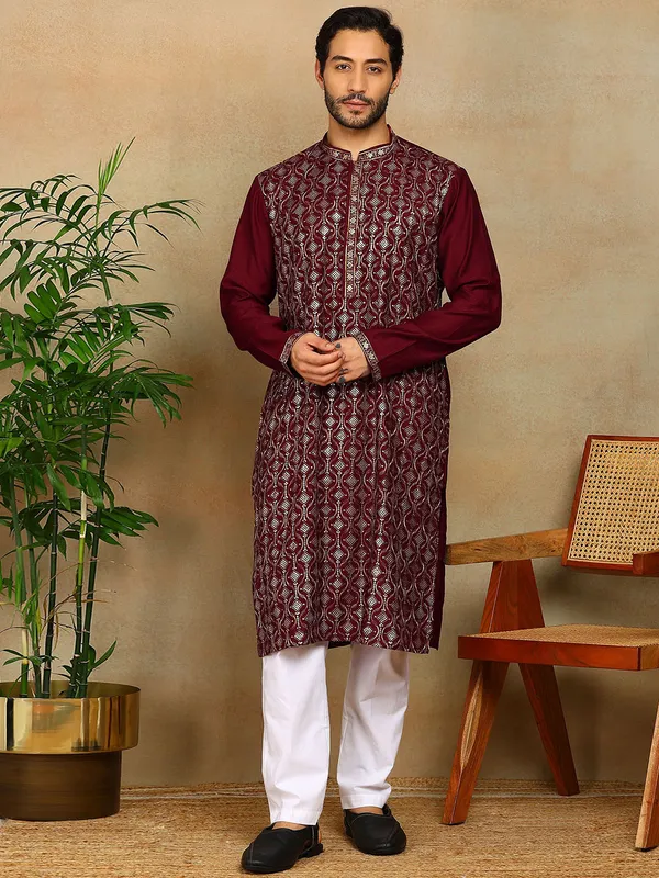 Maroon_Sequins_Embroidered_Viscose_Straight_Kurta_With_Pyjama