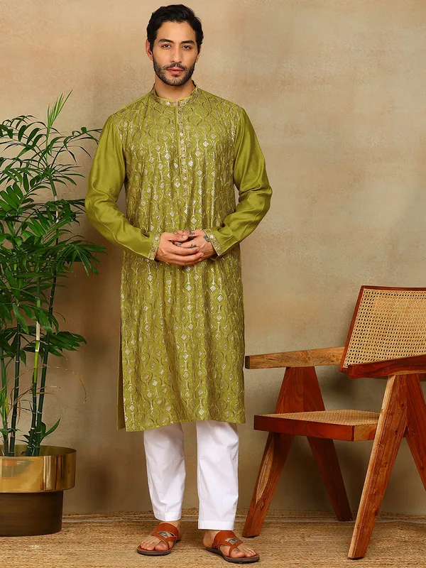 Lime_Green_Sequins_Embroidered_Viscose_Straight_Kurta_With_Pyjama