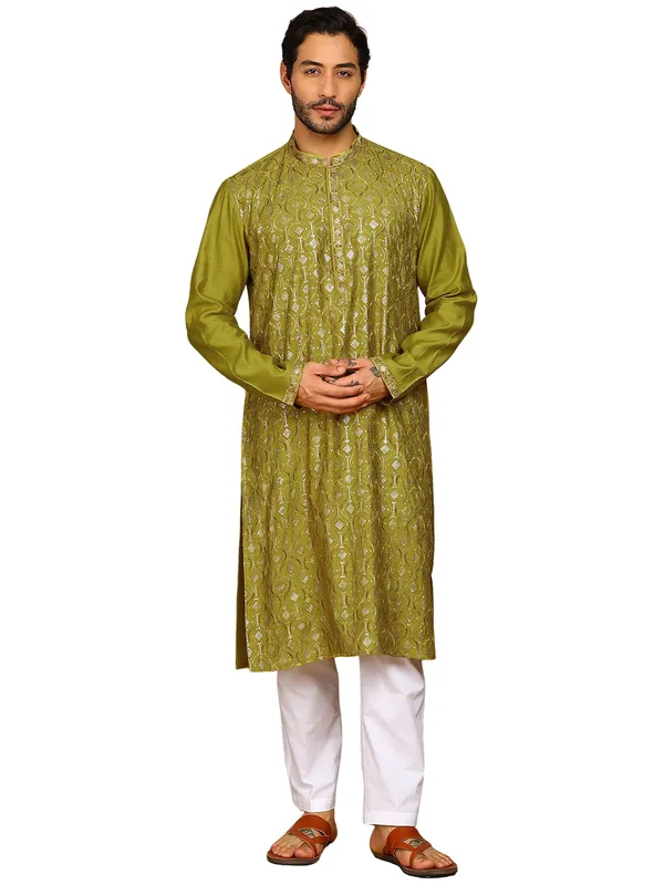 Men_Lime_Green_Sequins_Embroidered_Viscose_Rayon_Straight_Kurta