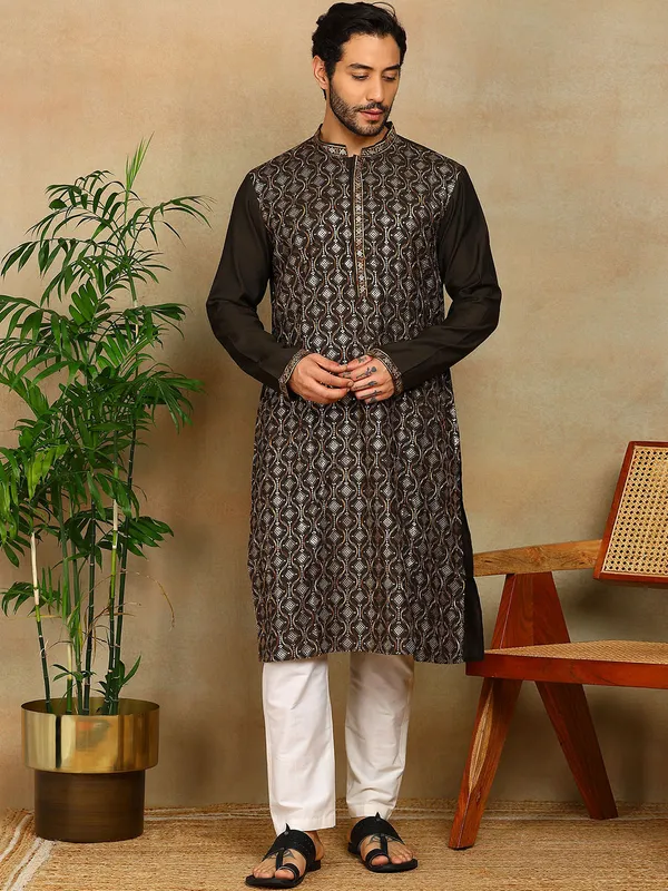 Dark_Green_Sequins_Embroidered_Viscose_Straight_Kurta_With_Pyjama