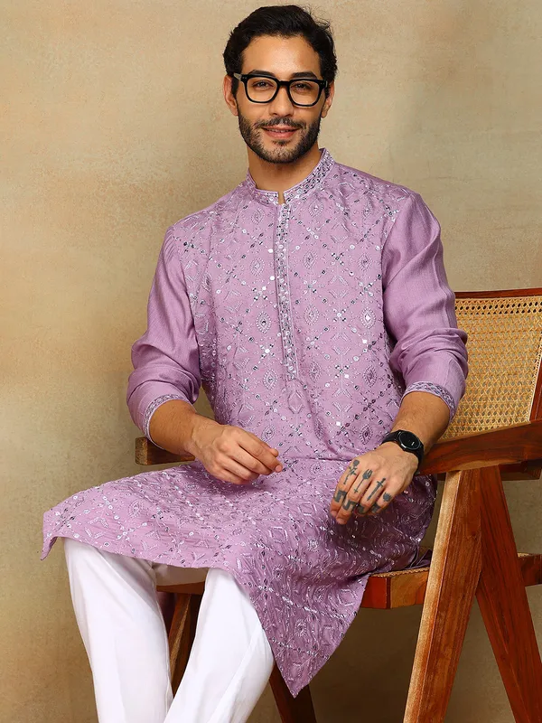 Light_Purple_Sequins_Embroidered_Viscose_Straight_Kurta_With_Pyjama