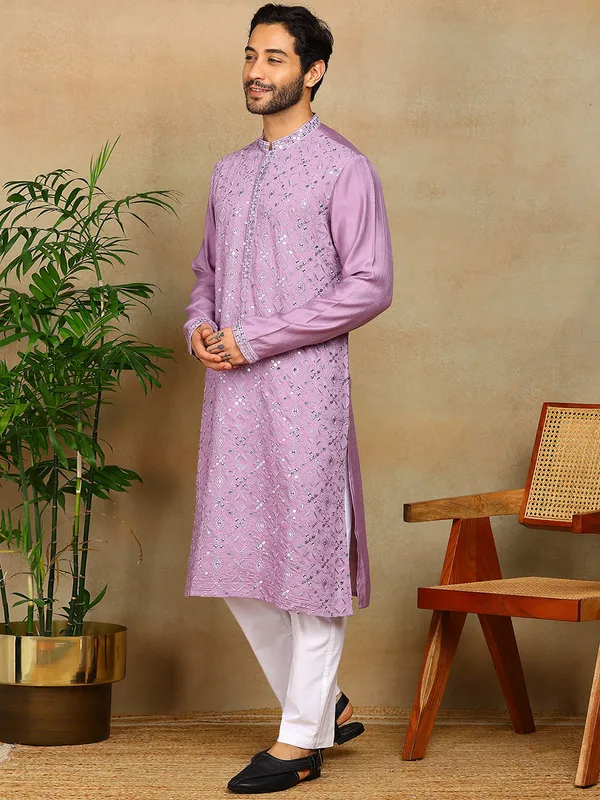 Light_Purple_Sequins_Embroidered_Viscose_Straight_Kurta_With_Pyjama