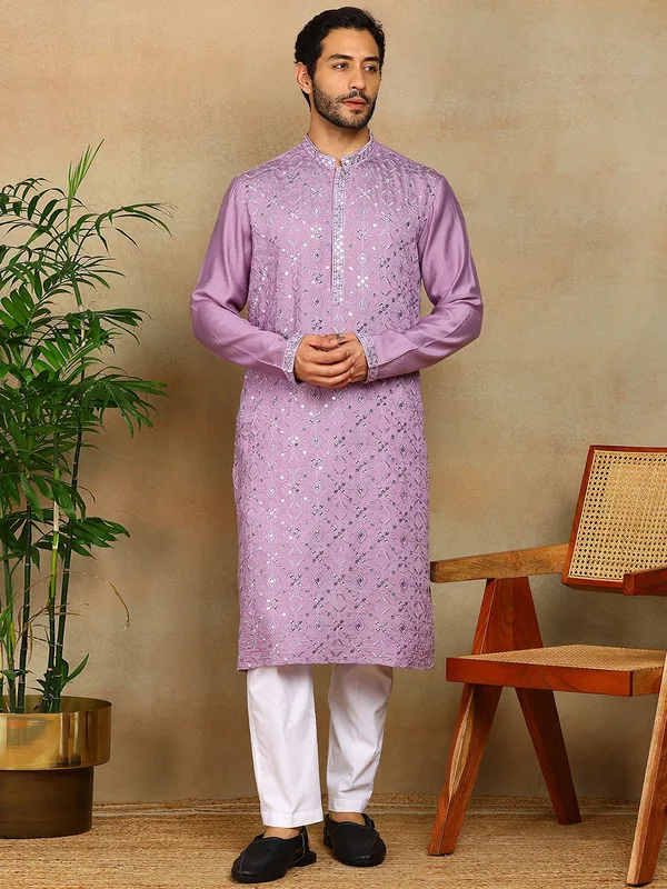 Light_Purple_Sequins_Embroidered_Viscose_Straight_Kurta_With_Pyjama