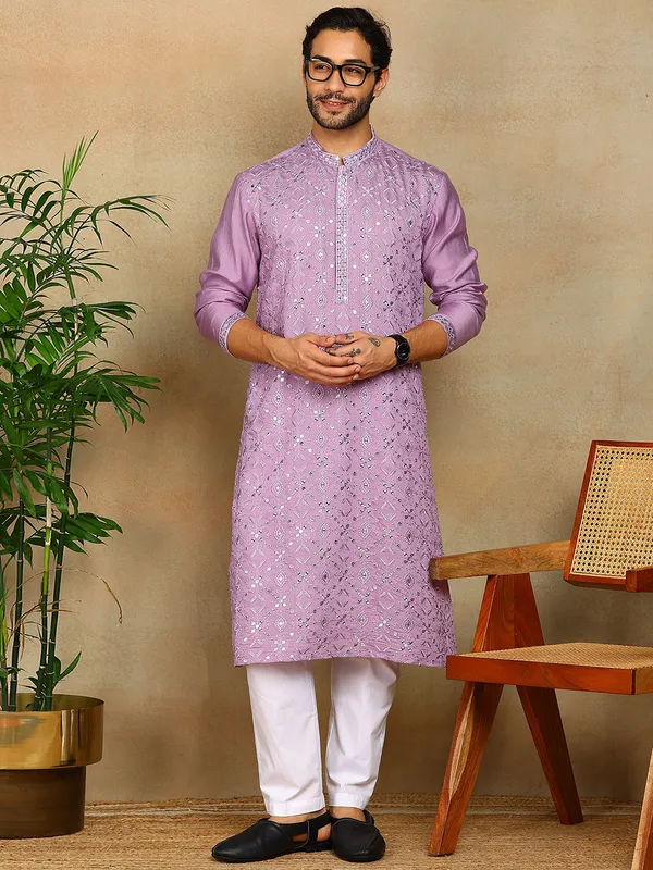 Light_Purple_Sequins_Embroidered_Viscose_Straight_Kurta_With_Pyjama