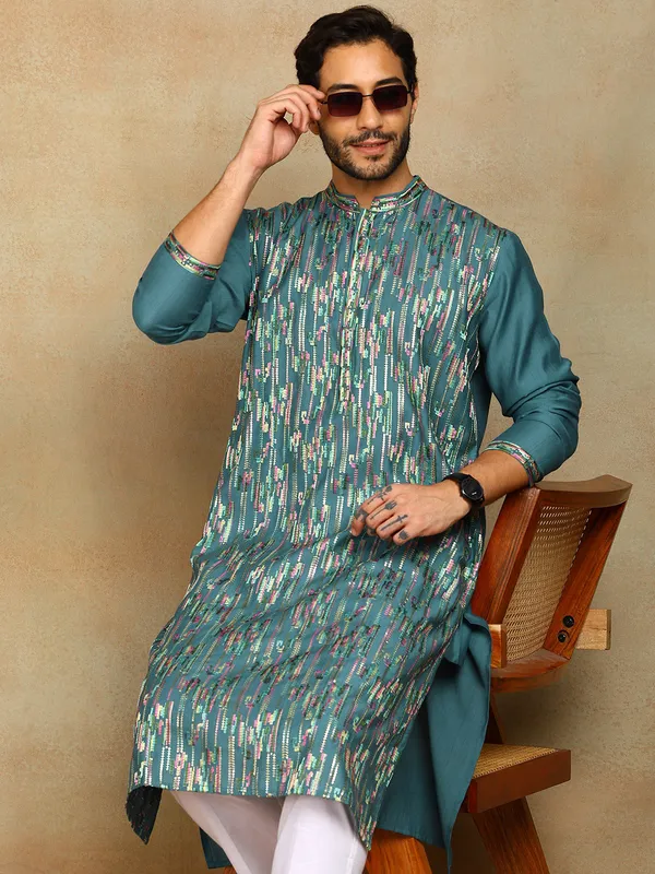 Teal_Thread_Embroidered_Viscose_Straight_Kurta_With_Pyjama