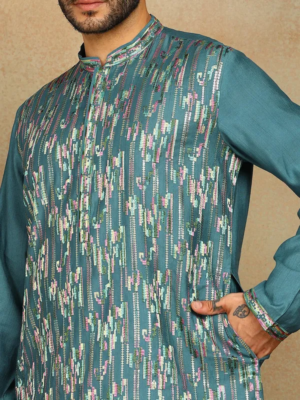 Teal_Thread_Embroidered_Viscose_Straight_Kurta_With_Pyjama