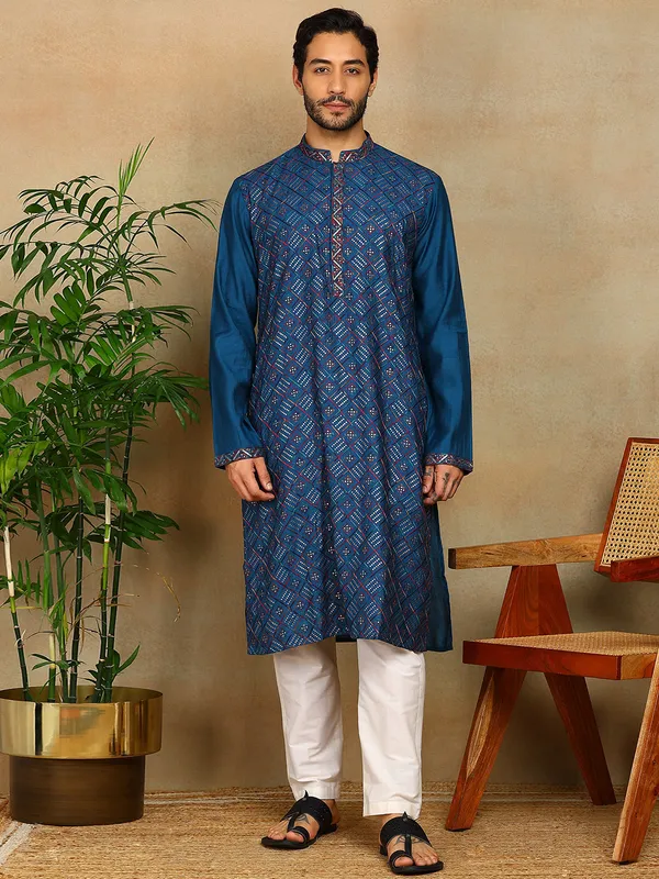 Teal_Sequins_Embroidered_Viscose_Straight_Kurta_With_Pyjama