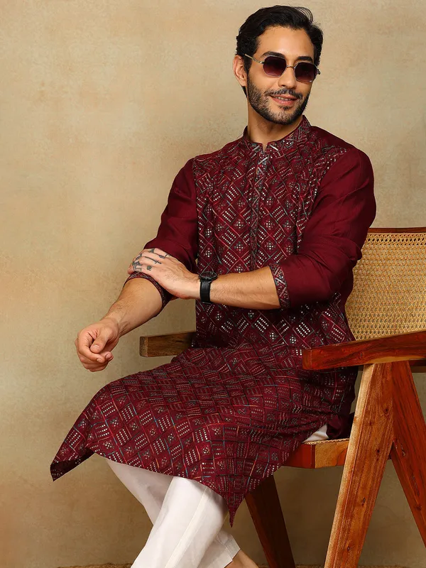 Wine_Color_Sequins_Embroidered_Viscose_Straight_Kurta_With_Pyjama