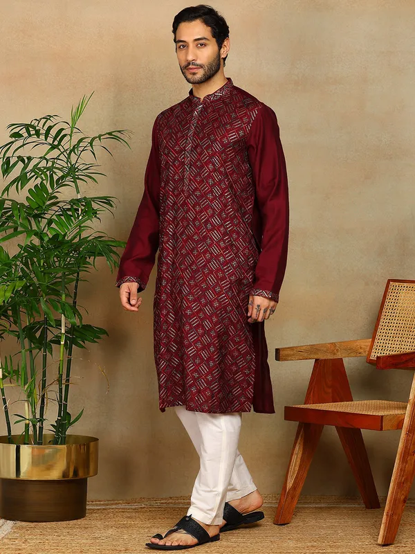 Wine_Color_Sequins_Embroidered_Viscose_Straight_Kurta_With_Pyjama