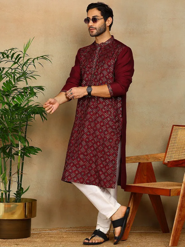 Wine_Color_Sequins_Embroidered_Viscose_Straight_Kurta_With_Pyjama