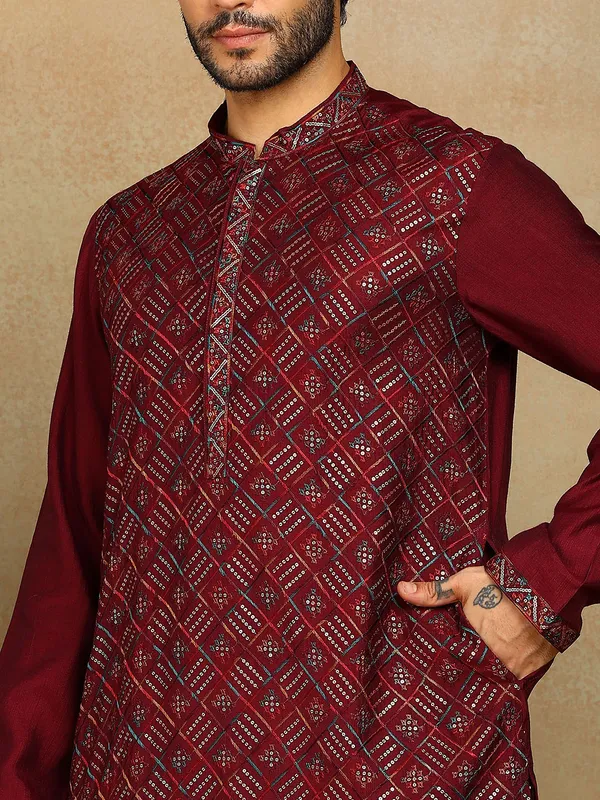 Wine_Color_Sequins_Embroidered_Viscose_Straight_Kurta_With_Pyjama