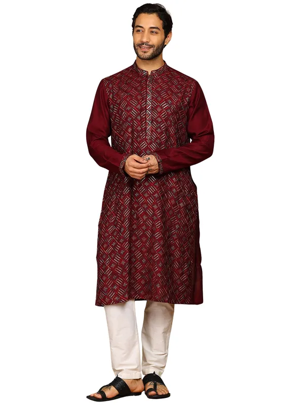 Wine_Color_Sequins_Embroidered_Viscose_Straight_Kurta_With_Pyjama