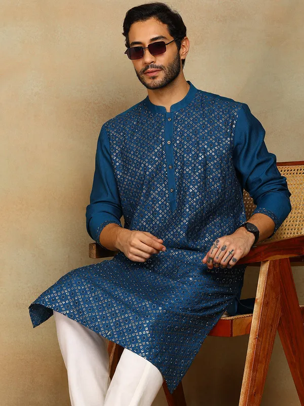 Blue_Sequins_Embroidered_Viscose_Straight_Kurta_With_Pyjama