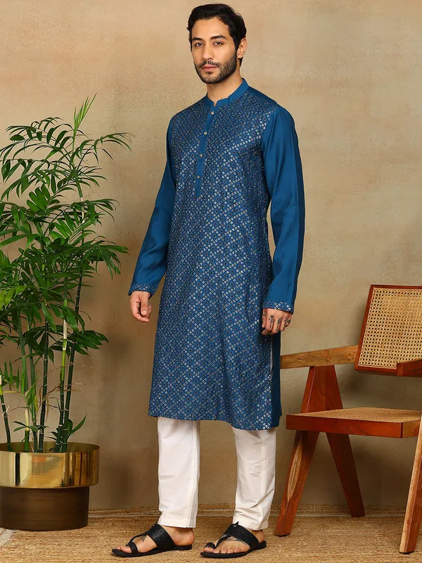 Blue_Sequins_Embroidered_Viscose_Straight_Kurta_With_Pyjama