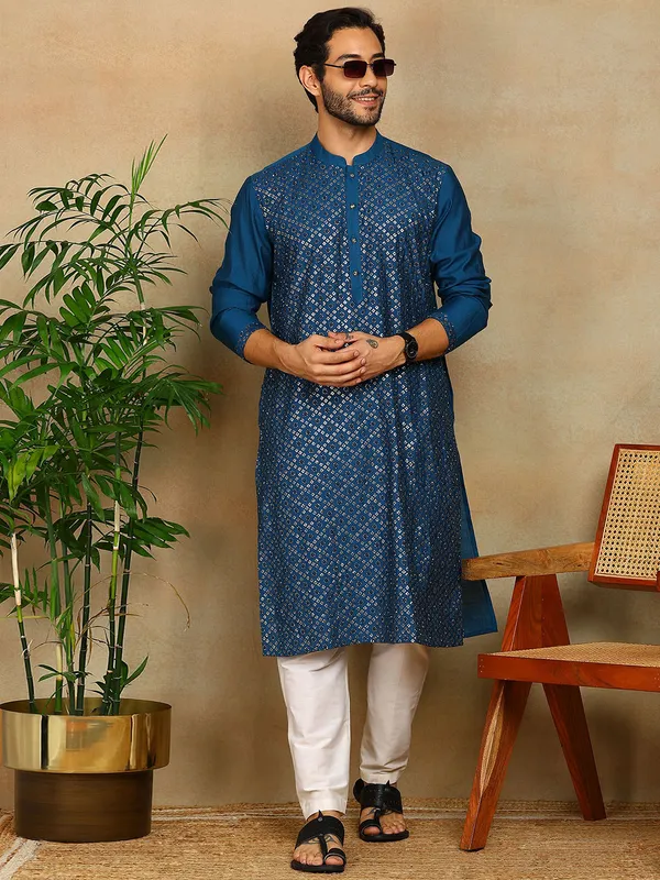 Blue_Sequins_Embroidered_Viscose_Straight_Kurta_With_Pyjama