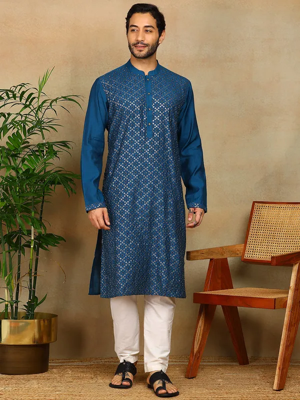 Blue_Sequins_Embroidered_Viscose_Straight_Kurta_With_Pyjama