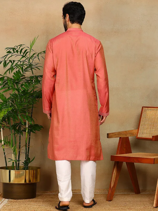 Peach_Sequins_Embroidered_Viscose_Straight_Kurta_With_Pyjama