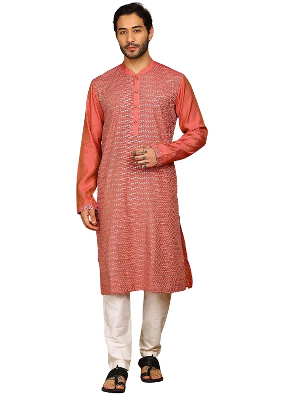 Peach_Sequins_Embroidered_Viscose_Straight_Kurta_With_Pyjama