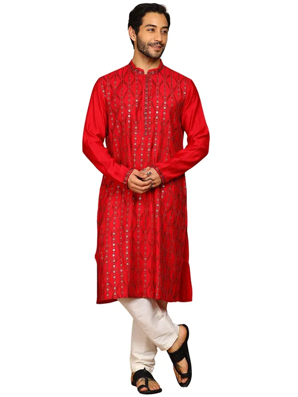 Red_Thread_Embroidered_Viscose_Straight_Kurta_With_Pyjama