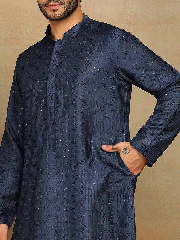 Dark_Blue_Thread_Embroidered_Viscose_Straight_Kurta_With_Pyjama