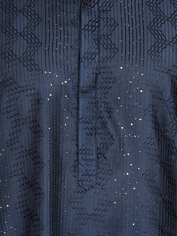 Dark_Blue_Thread_Embroidered_Viscose_Straight_Kurta_With_Pyjama