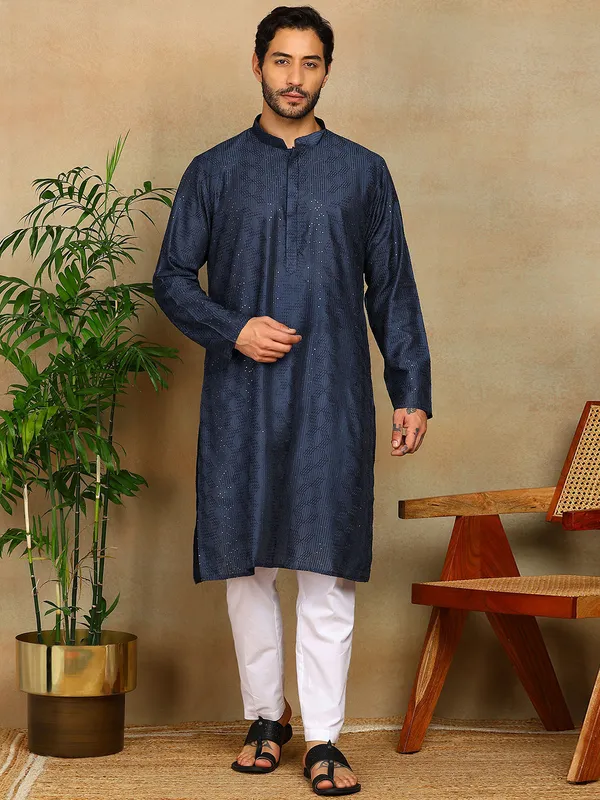 Dark_Blue_Thread_Embroidered_Viscose_Straight_Kurta_With_Pyjama