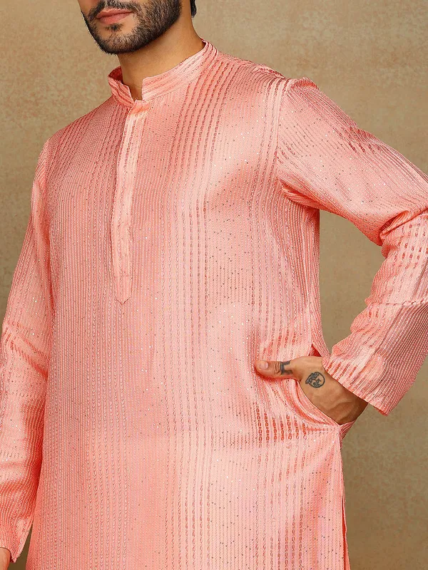Peach_Thread_Embroidered_Viscose_Straight_Kurta_With_Pyjama