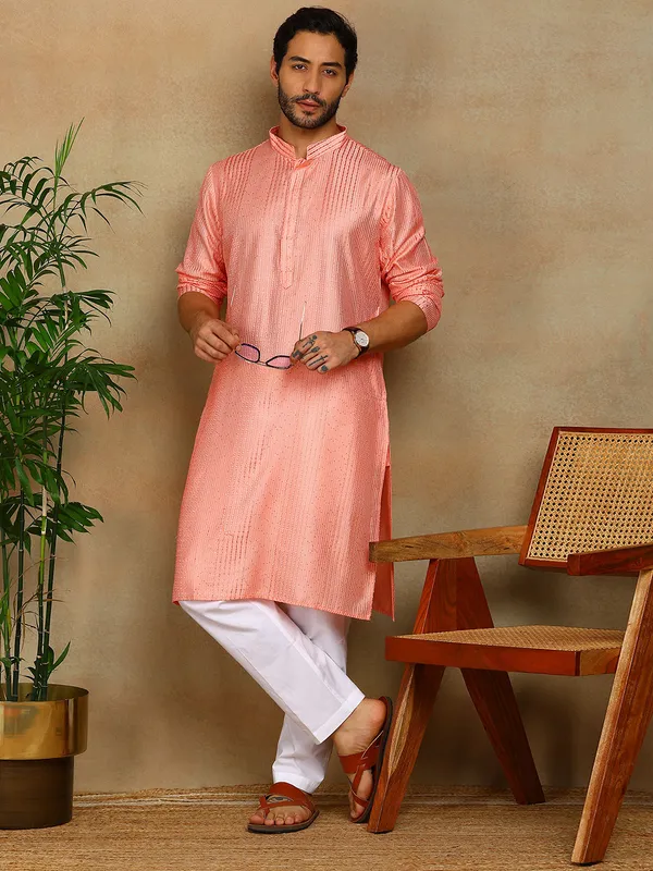 Peach_Thread_Embroidered_Viscose_Straight_Kurta_With_Pyjama