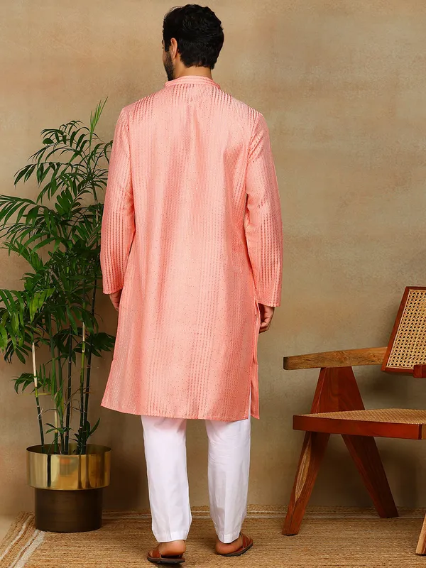 Peach_Thread_Embroidered_Viscose_Straight_Kurta_With_Pyjama