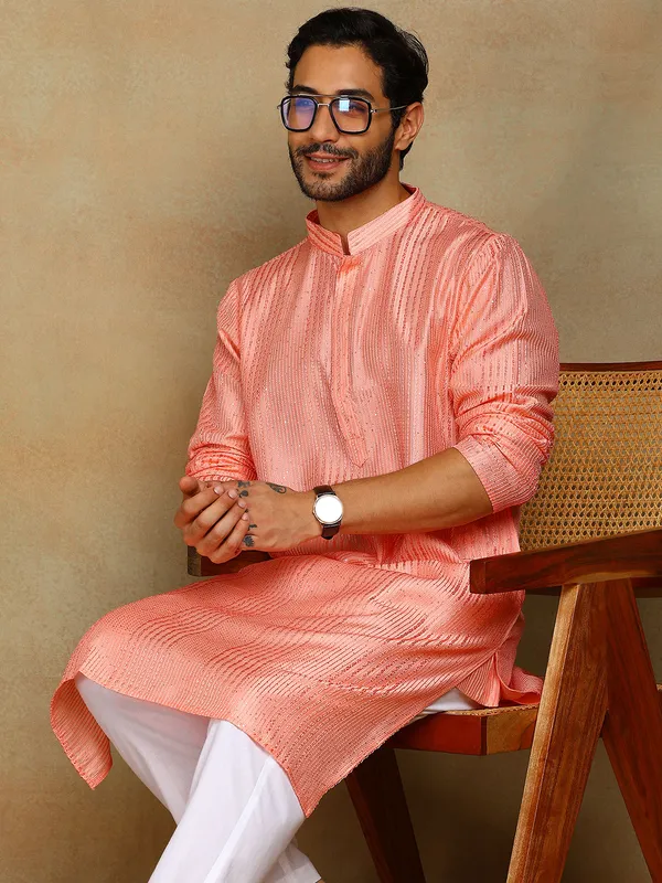 Peach_Thread_Embroidered_Viscose_Straight_Kurta_With_Pyjama