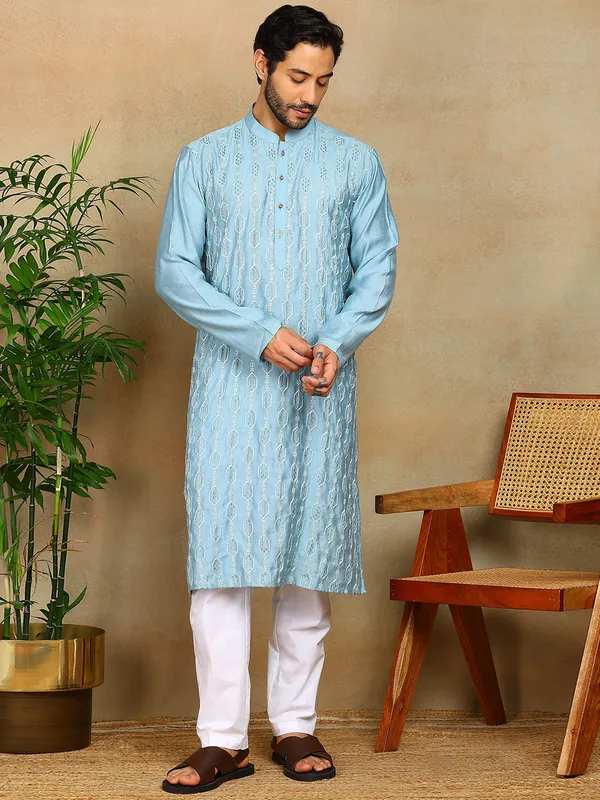 Blue_Sequins_Embroidered_Viscose_Straight_Kurta_With_Pyjama
