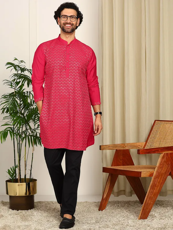 Pink_Sequin_Embroidered_Mandarin_Collar_Straight_Kurta_With_Pyjama