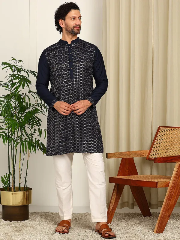 Navy_Blue_Sequin_Embroidered_Mandarin_Collar_Straight_Kurta_With_Pyjama