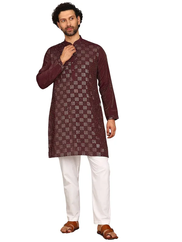 Brown_Sequin_Embroidered_Straight_Kurta_With_Pyjama