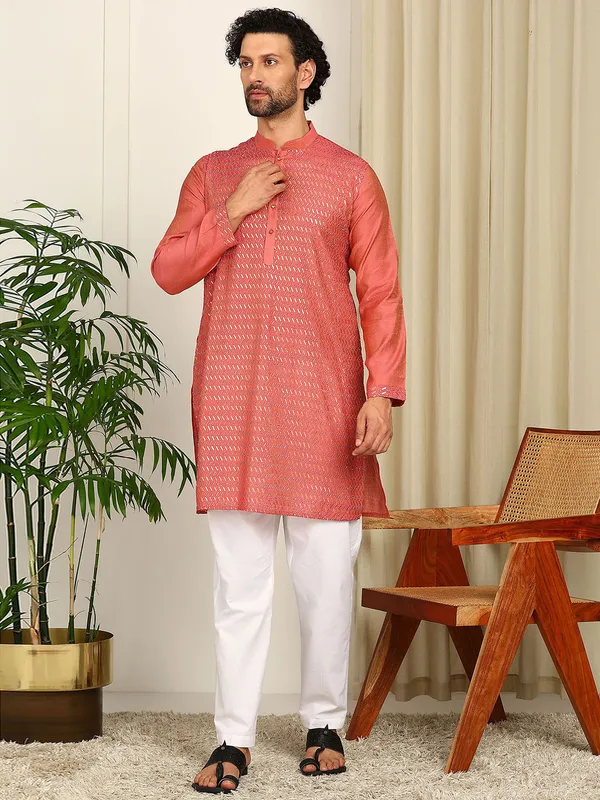 Peach_Sequin_Embroidered_Straight_Kurta_With_Pyjama