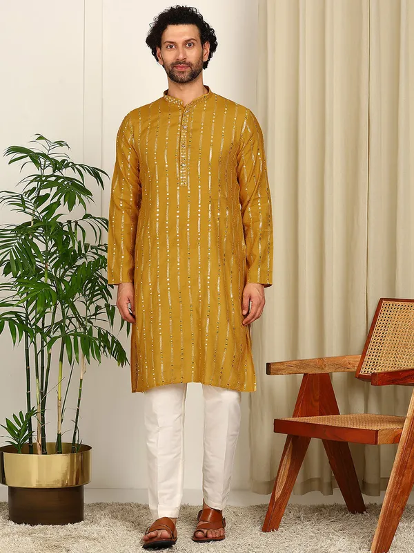 Men'S_Mustard_Sequin_Embroidered_Straight_Kurta_With_Pyjama