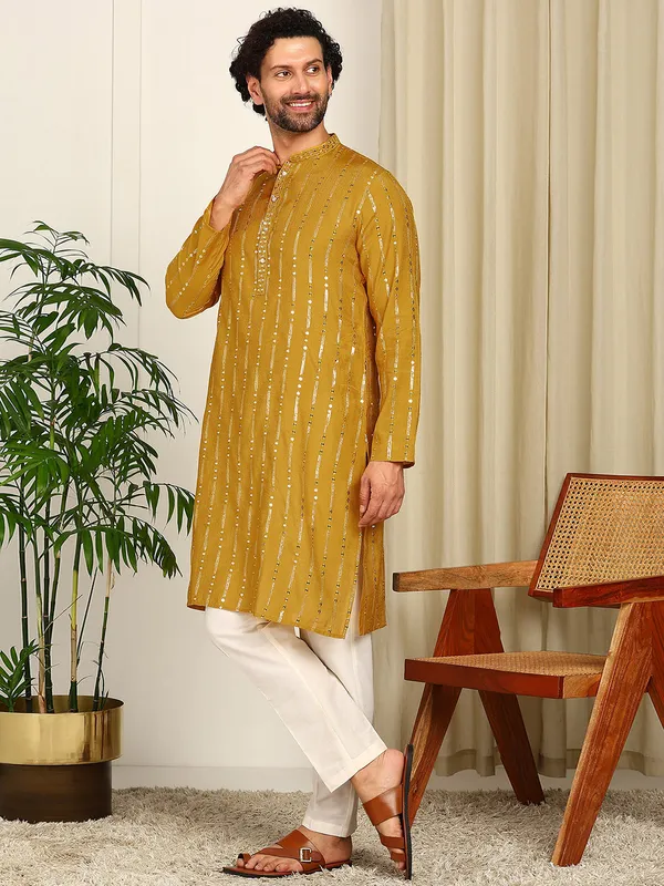 Men'S_Mustard_Sequin_Embroidered_Straight_Kurta_With_Pyjama
