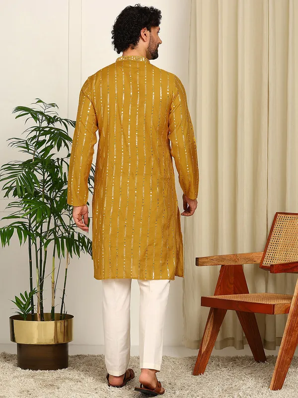 Men'S_Mustard_Sequin_Embroidered_Straight_Kurta_With_Pyjama